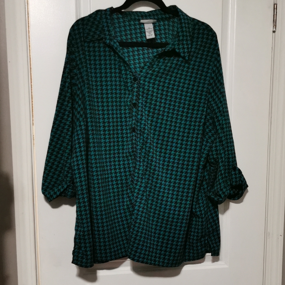 Catherines Teal‎ and Black Houndstooth Blouse